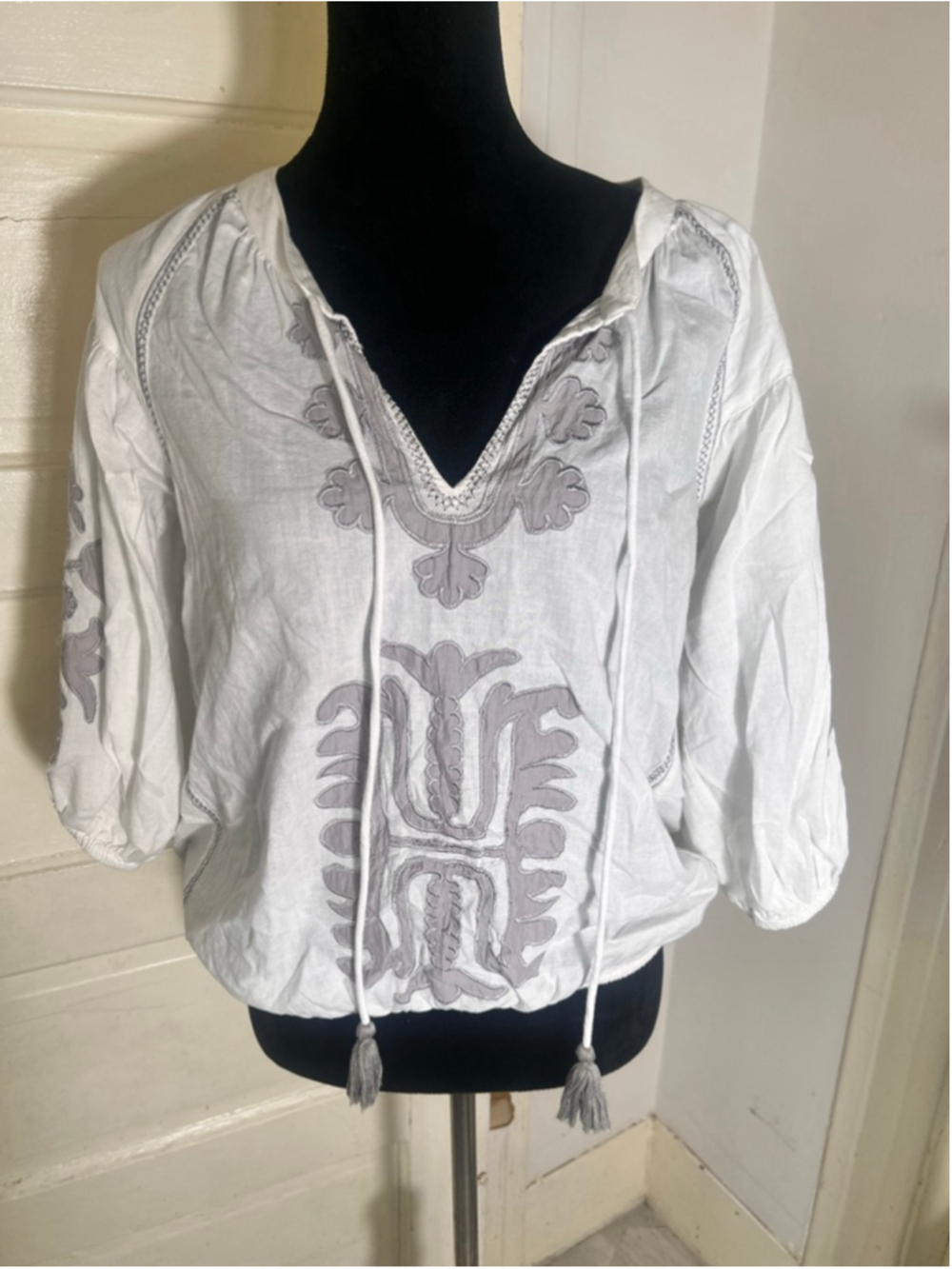 Rose
 and Rose Striped Peasant Cotton Embroidered Blouse S Boho Beachy Coastal